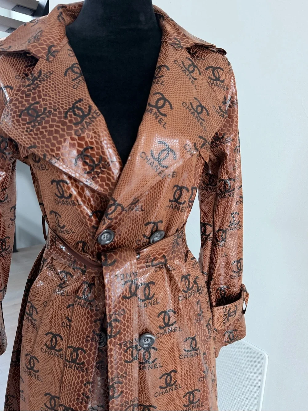 Gorgeous Faux Leather Brown Logo-Print Trench Coat size S
